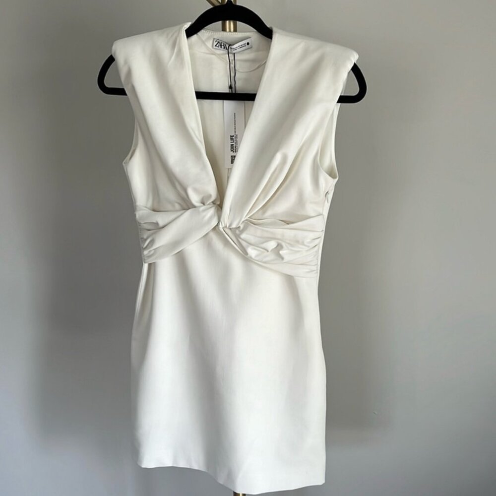 NWT Zara White Minidress V-neck, with Shoulder Pads US Large